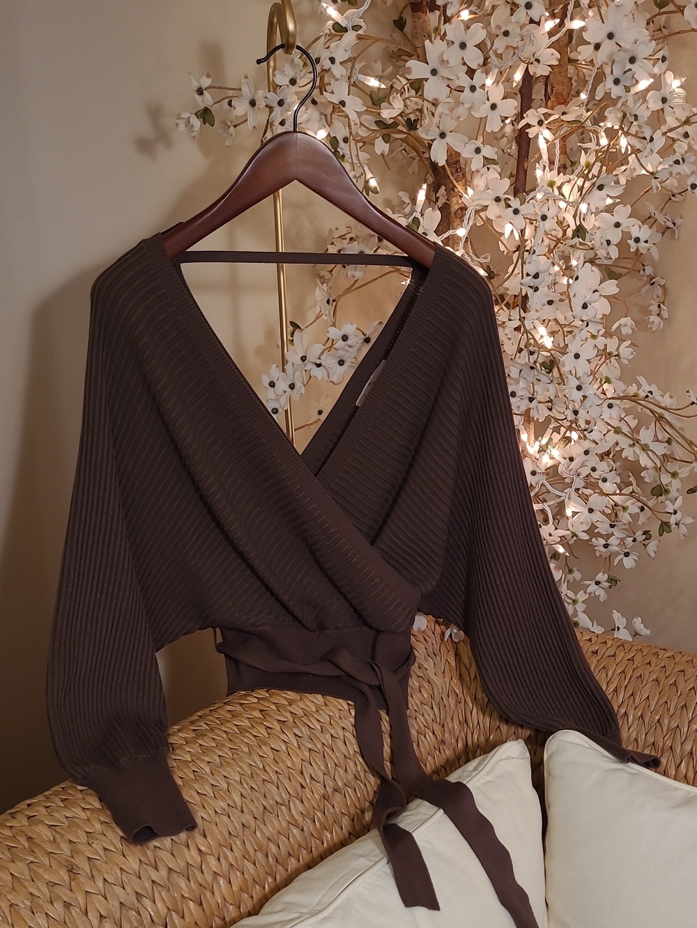 Rich Chocolate Brown Ribbed Belted Wrap Dolman Sleeve Sweater